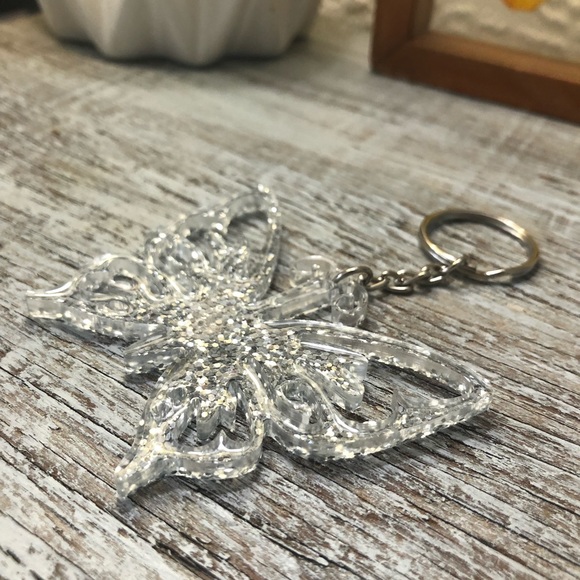 Silver Glitter Butterfly Keychain - Also available as a necklace or ornament - Picture 5 of 15